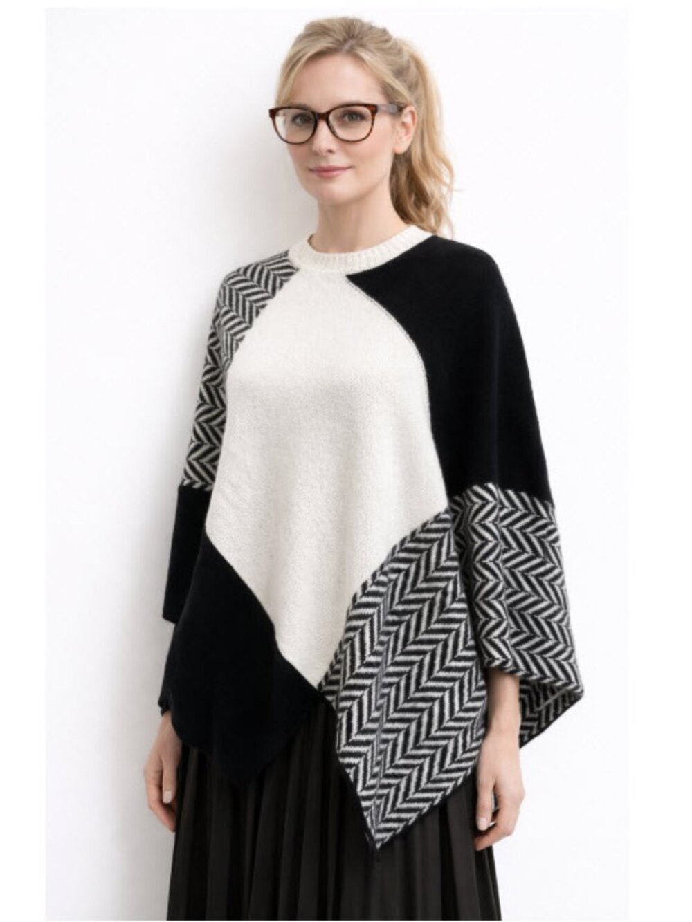 Maje Colorblock Herringbone Poncho Sweater Wool Mohair Preppy Chic Designer Cozy